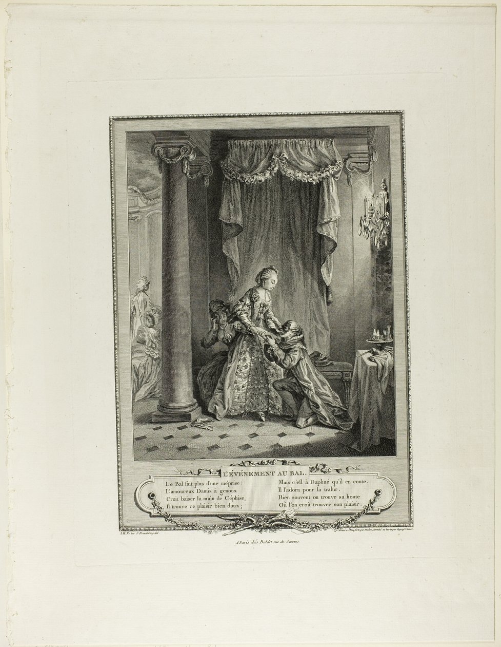 De gebeurtenis op het bal, uit Monument du Costume Physique et Moral de la fin du Dix-huitième siècle door Antoine Jean Duclos