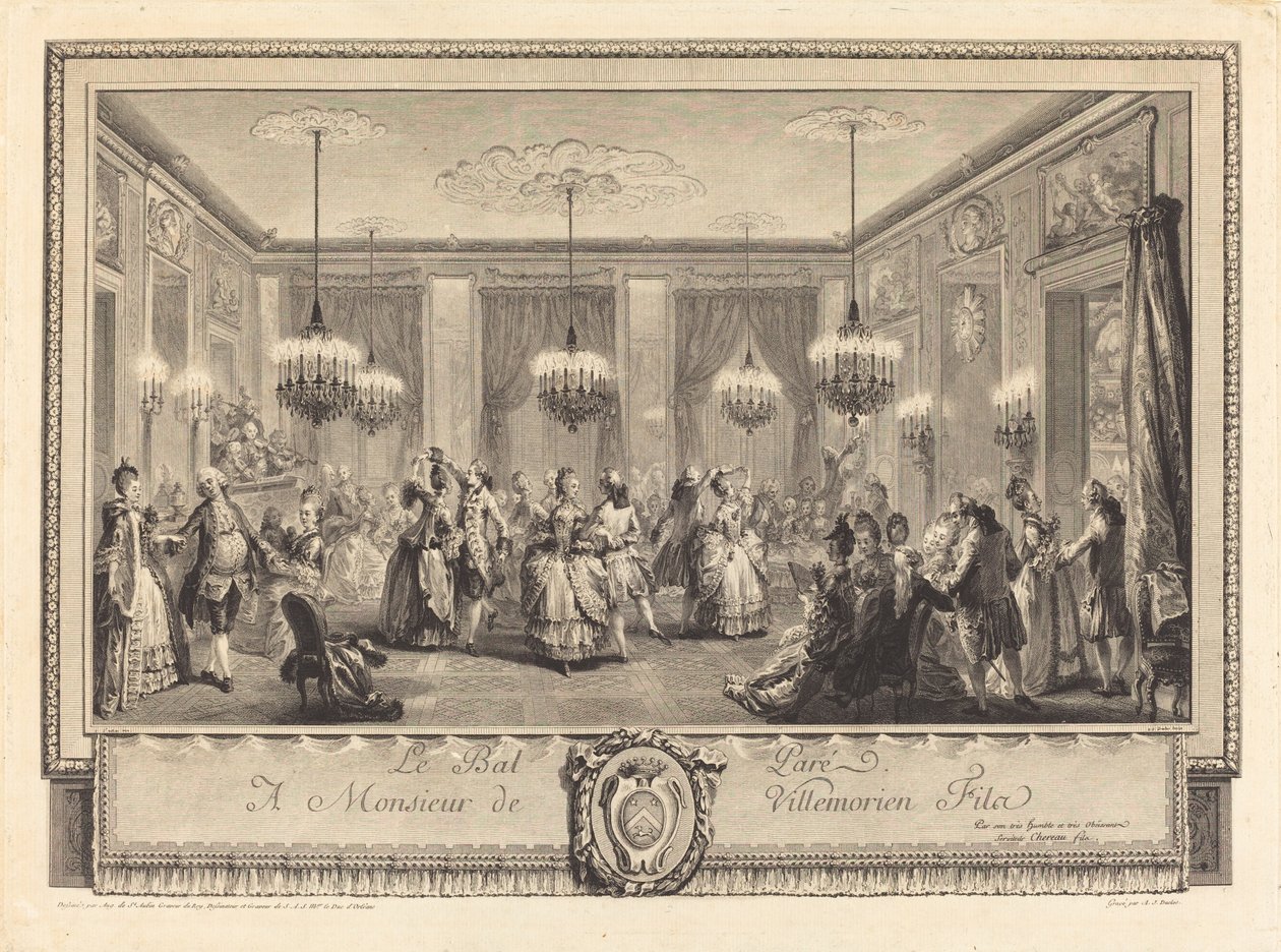 Het gemaskerde bal door Antoine Jean Duclos after Augustin de Saint Aubin
