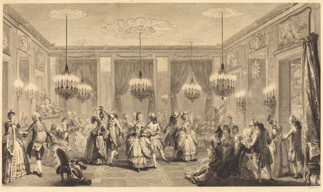 Het gemaskerde bal door Antoine Jean Duclos after Augustin de Saint Aubin