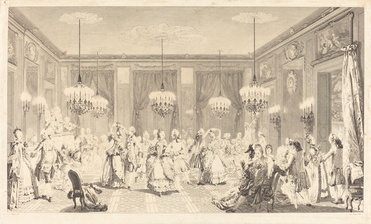 Het gemaskerde bal door Antoine Jean Duclos after Augustin de Saint Aubin