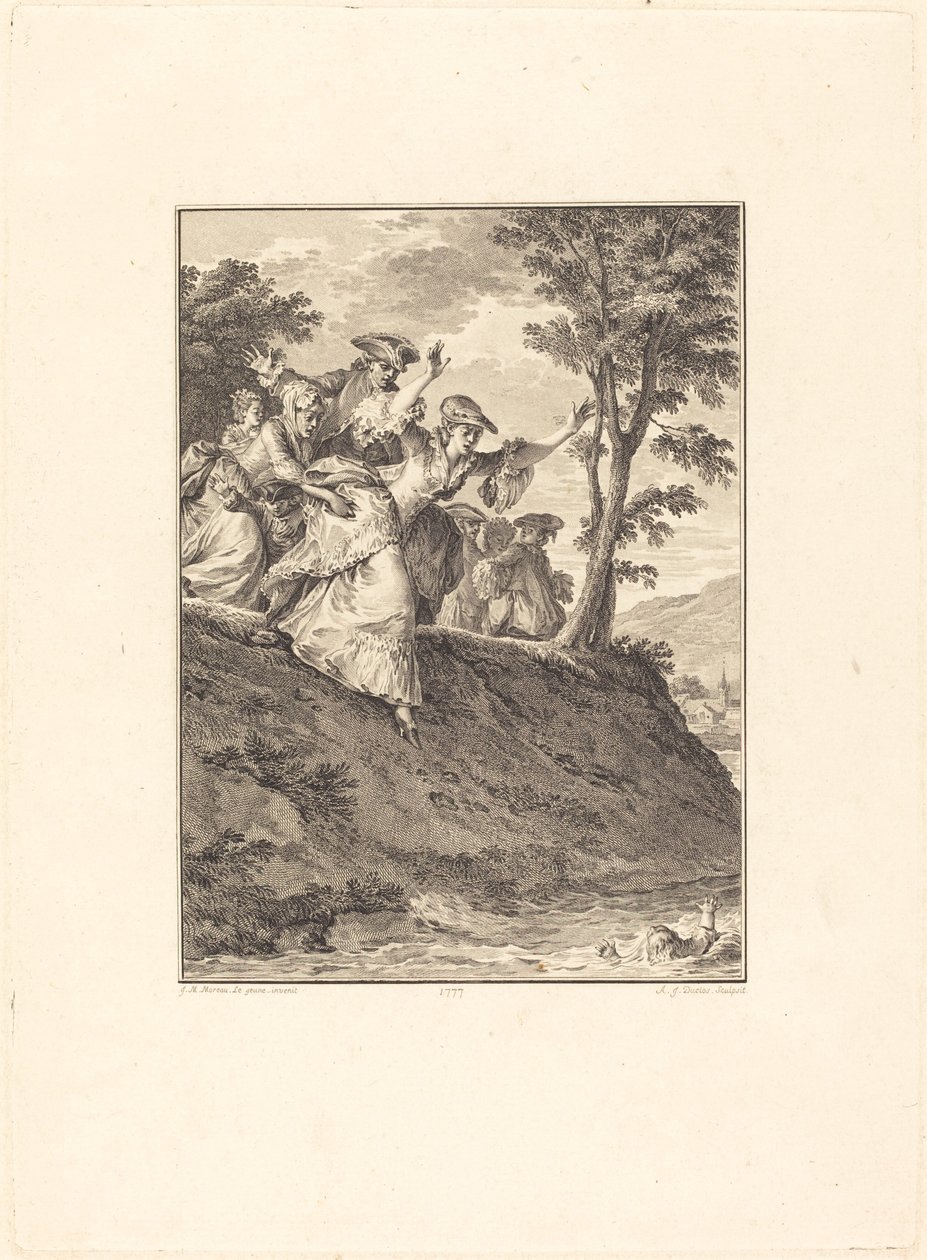 Ze rent achter hem aan door Antoine Jean Duclos after Jean Michel Moreau