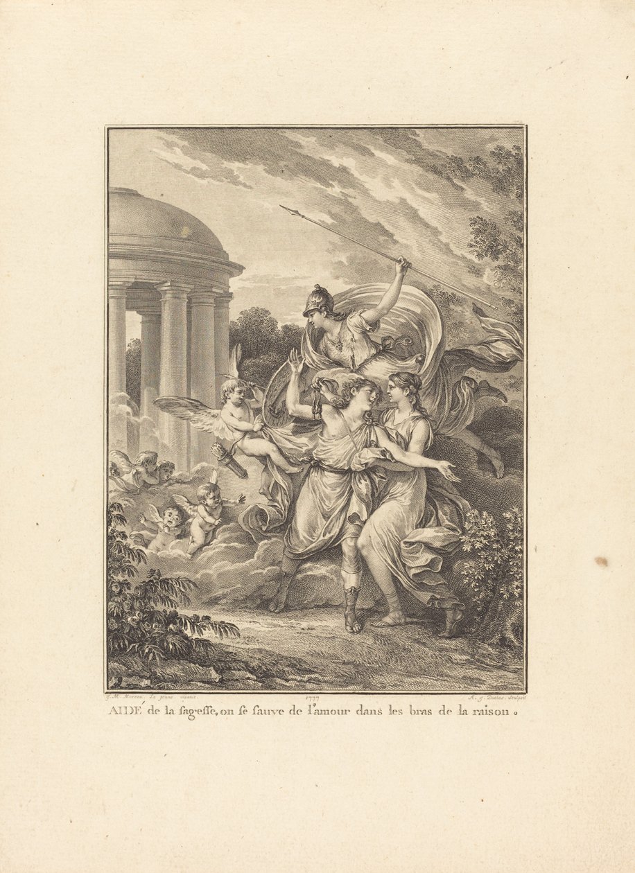 Frontispice: Met de hulp van wijsheid ontsnapt men aan de liefde in de armen van de rede door Antoine Jean Duclos after Jean Michel Moreau