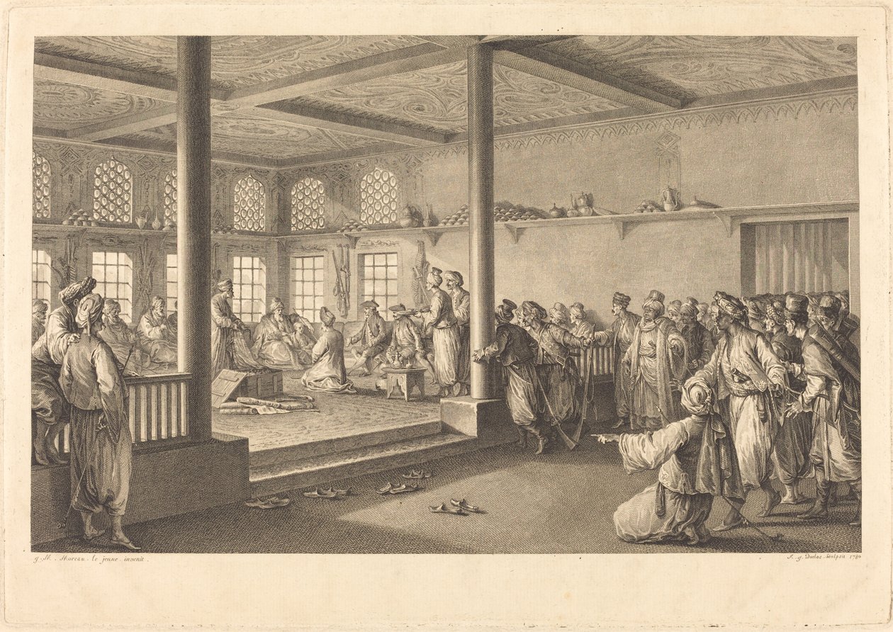 Ontvangst van Choiseul-Gouffier bij Hassan-Tchousch-Oglou door Antoine Jean Duclos after Jean Michel Moreau