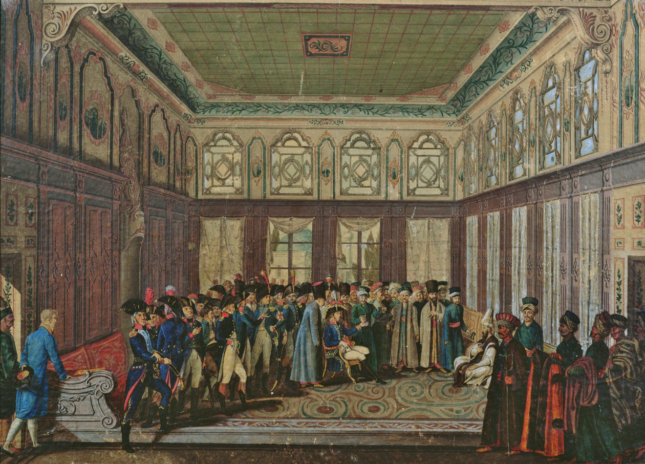 Generaal Aubert du Bayet wordt ontvangen door de Ottomaanse Grootvizier in Constantinopel in 1796 door Antoine Laurent Castellan
