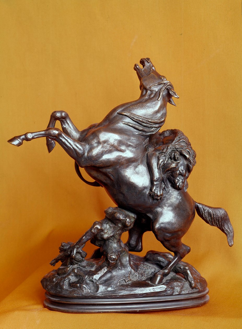 Leeuw valt een paard aan Bronzen beeldhouwwerk door Antoine Louis Barye (1795-1875) 19e eeuw. Parijs, Louvre Museum door Antoine Louis Barye