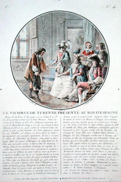 De Burggraaf van Turenne (1611-75) wordt voorgesteld aan Koning Filips IV (1605-65) van Spanje, gegraveerd door L. Roger door Antoine Louis Francois (after) Sergent Marceau