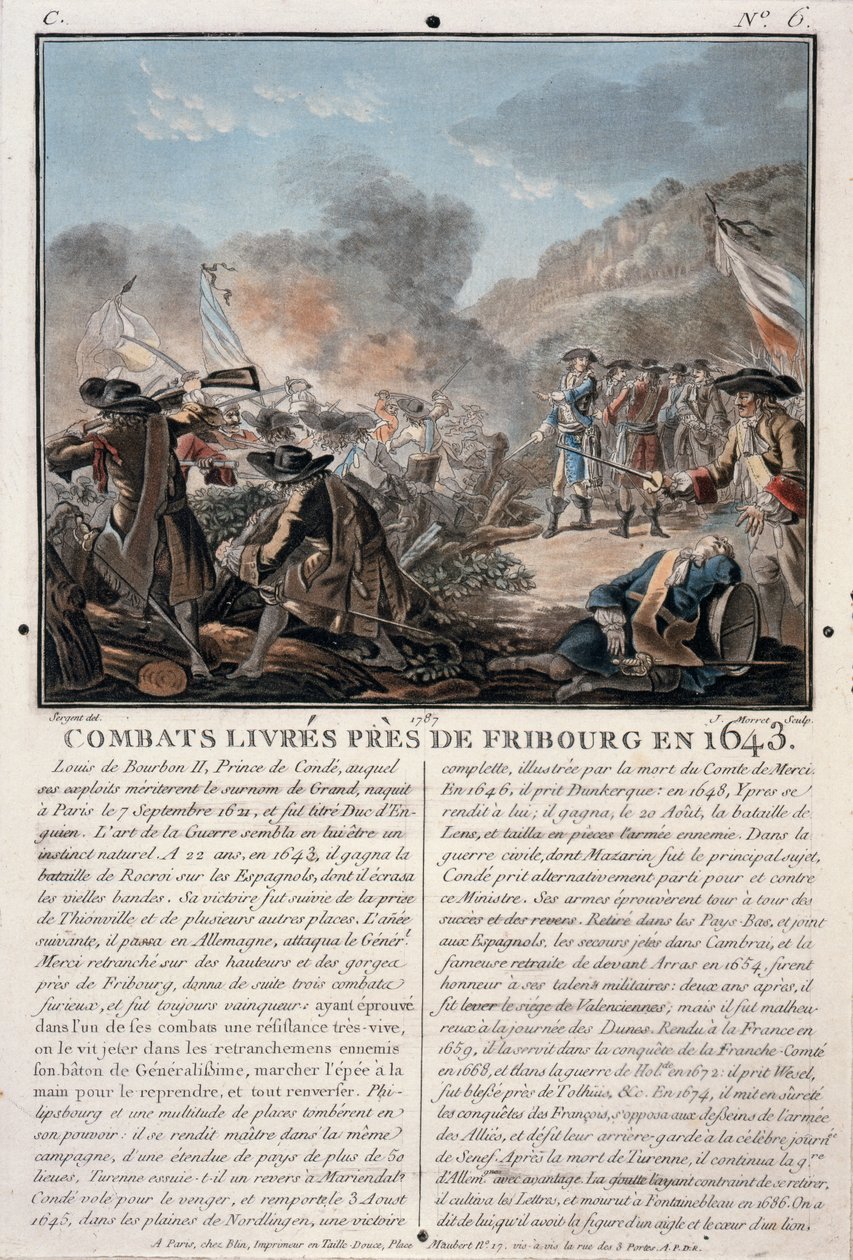 Gevecht bij Freiburg, 1643, gegraveerd door Jean Baptiste Morret, 1787 door Antoine Louis Francois Sergent Marceau