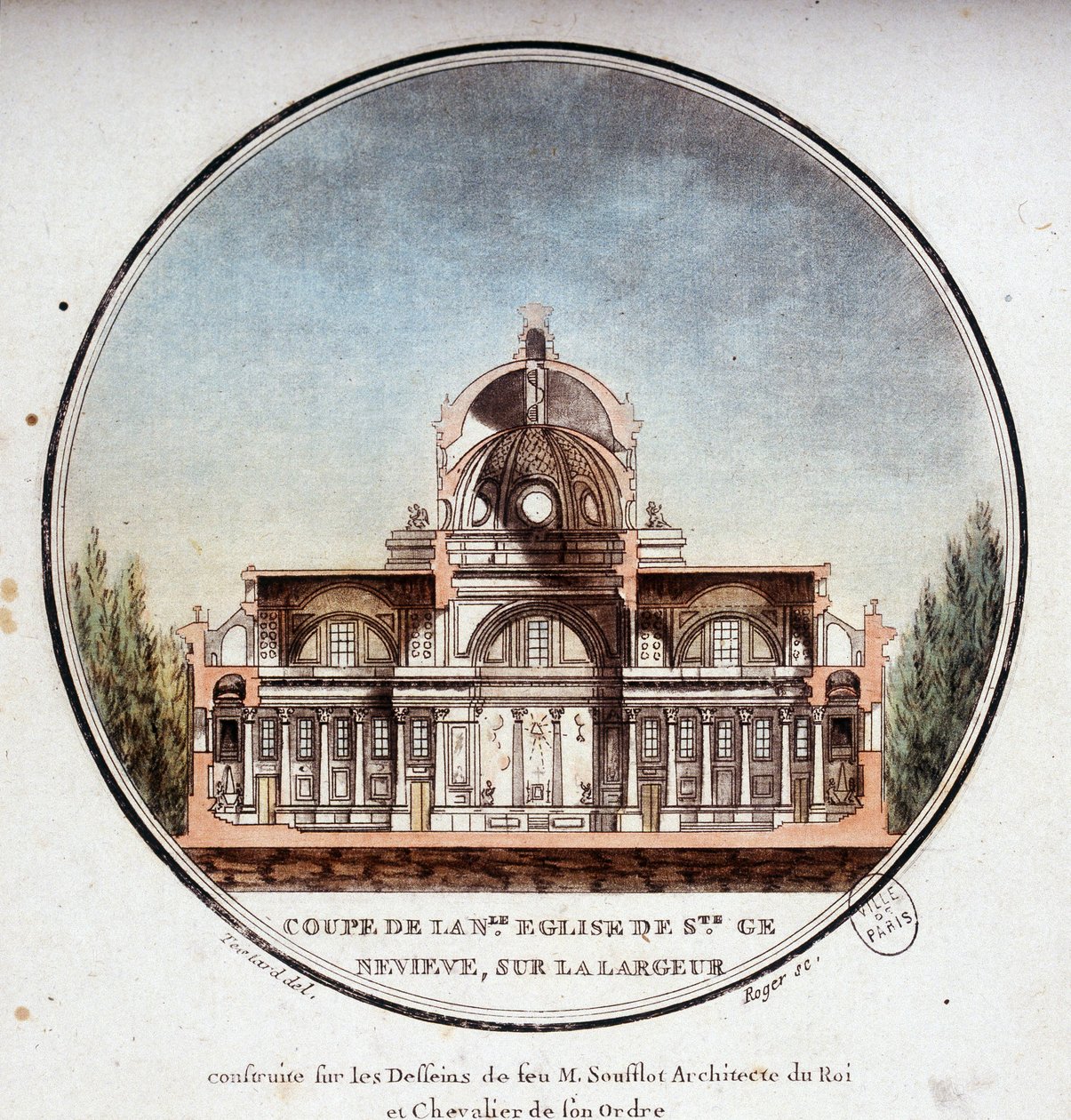 Doorsnede van de nieuwe kerk van Sainte Geneviève, gebouwd volgens de tekeningen van de architect Soufflot, Parijs. In pittoreske uitzichten van de belangrijkste gebouwen van Parijs door Sergeant door Antoine Louis Francois Sergent Marceau