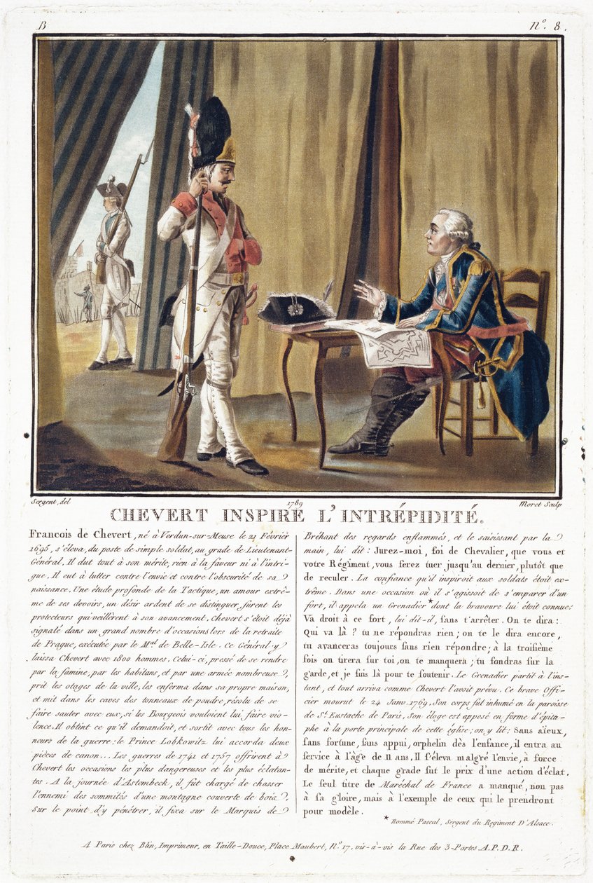 Francois Chevert (1695-1769) inspireert moed, gegraveerd door Jean Baptiste Morret, 1789 door Antoine Louis Francois Sergent Marceau