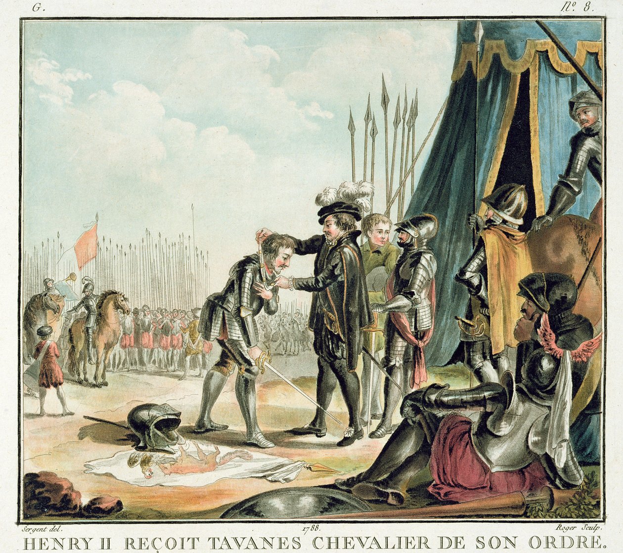 Henri II (1519-59) ontvangt Jean de Tavanes als ridder in zijn Orde, gegraveerd door Roger, 1788 door Antoine Louis Francois Sergent Marceau