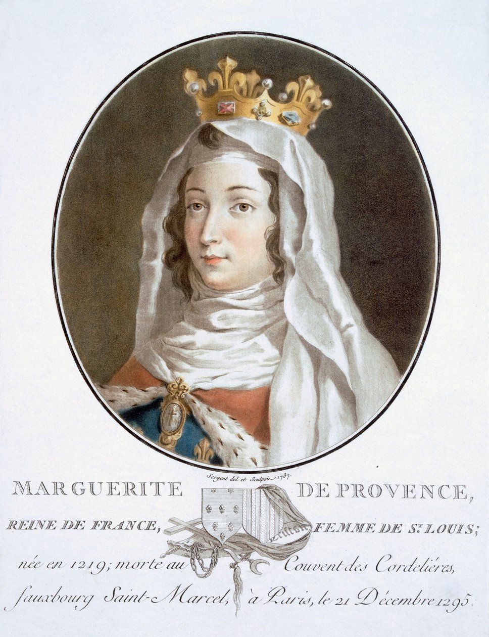 Marguerite de Provence, uit Portraits des grands hommes, femmes illustres, et sujets mémorables de France, gegraveerd en gedrukt in kleuren, uitgegeven door Pierre Blin, 1786-92, Parijs door Antoine Louis Francois Sergent Marceau