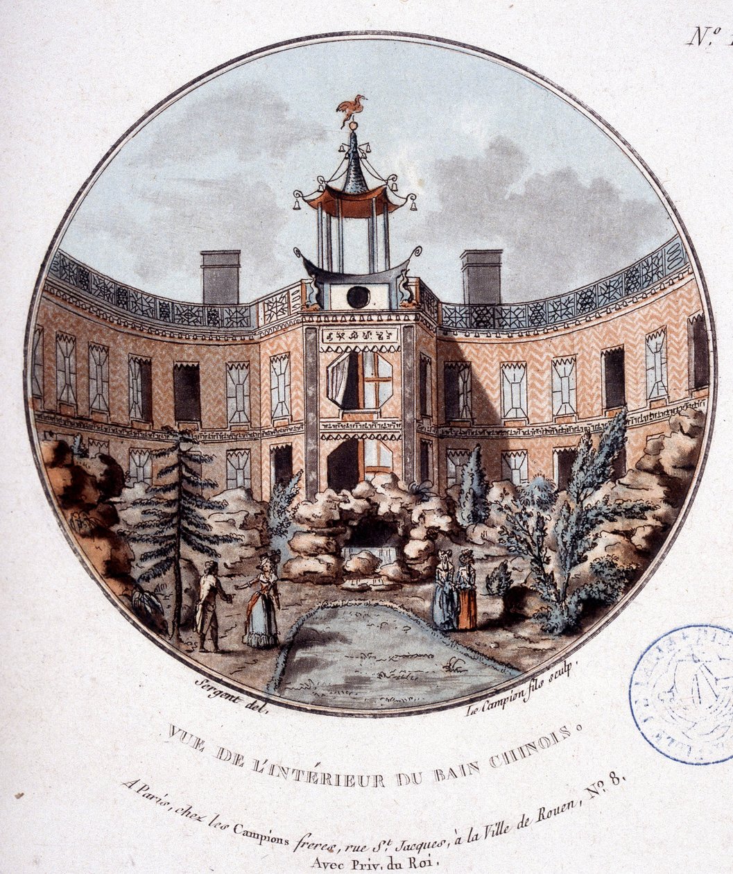 Uitzicht op het interieur van het Chinese bad, Parijs. In pittoreske uitzichten van de belangrijkste gebouwen van Parijs door Sergeant door Antoine Louis Francois Sergent Marceau