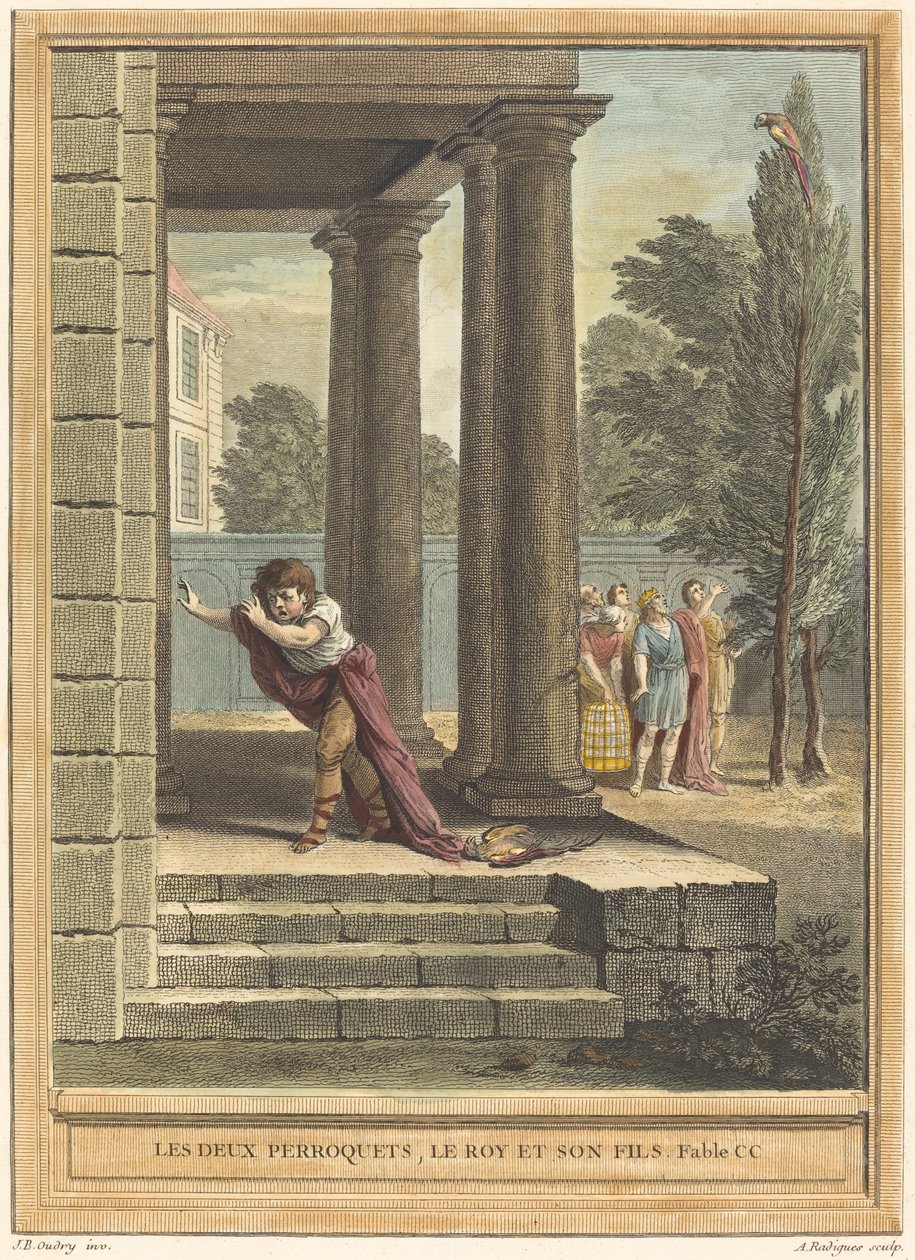 De twee papegaaien, de koning en zijn zoon door Antoine Radigues after Jean Baptiste Oudry