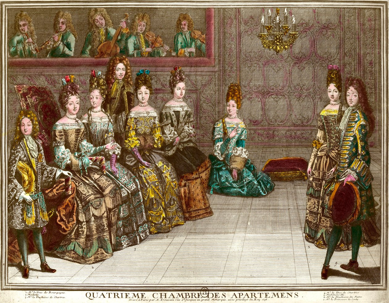 Dans in de vierde kamer van de appartementen van de familie van Lodewijk XIV (1638-1715) tijdens de avonden van het appartement in Versailles rond 1696: de hertog van Chartres danst de menuet met Mademoiselle in aanwezigheid van de hertogin van Maine, de h door Antoine Trouvain