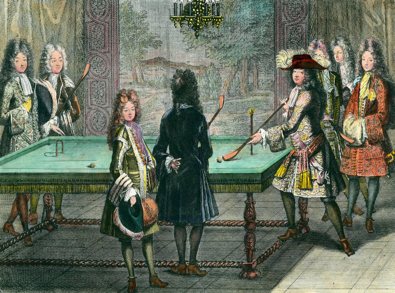 Koninklijk vermaak in Versailles, koning Lodewijk XIV speelt biljart met Philippe Duc d