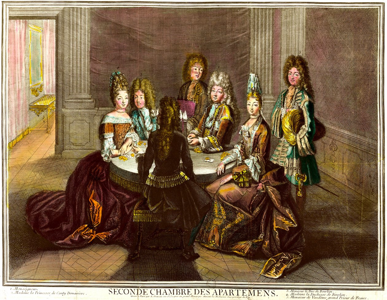 Het hof dat kaarten speelt in de tweede slaapkamer van de appartementen van Lodewijk XIV. gravure door Antoine Trouvain (1656-1708) door Antoine Trouvain