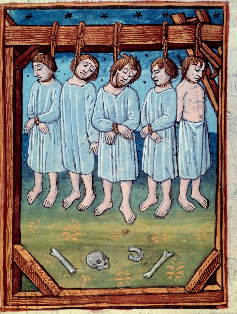 Vijf mannen opgehangen. Miniatuur in "chronicles de Saint Denis" Parijs, Antoine Verard door Antoine Verard
