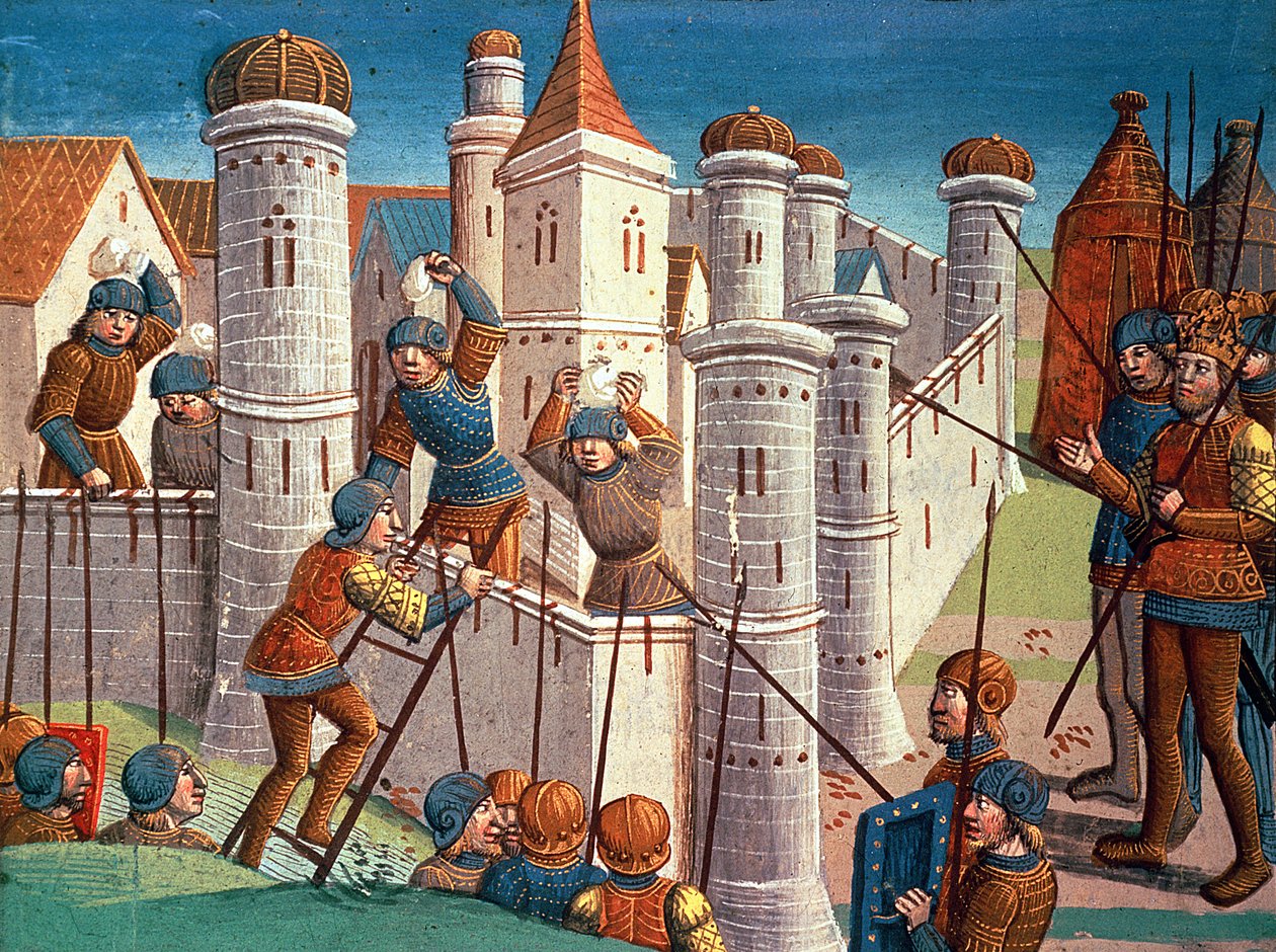 Scène uit een slag om Constantinopel te verdedigen, uit Ogier le Danois door Antoine Verard