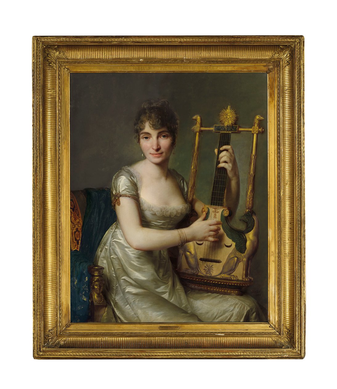 Portret van Madame Larmoyer, Driekwart Lengte, met een Lier door Antoine Vestier