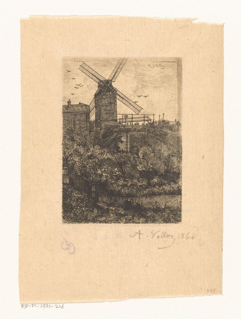Gezicht op de Moulin de la Galette in Montmartre door Antoine Vollon (signed by artist)