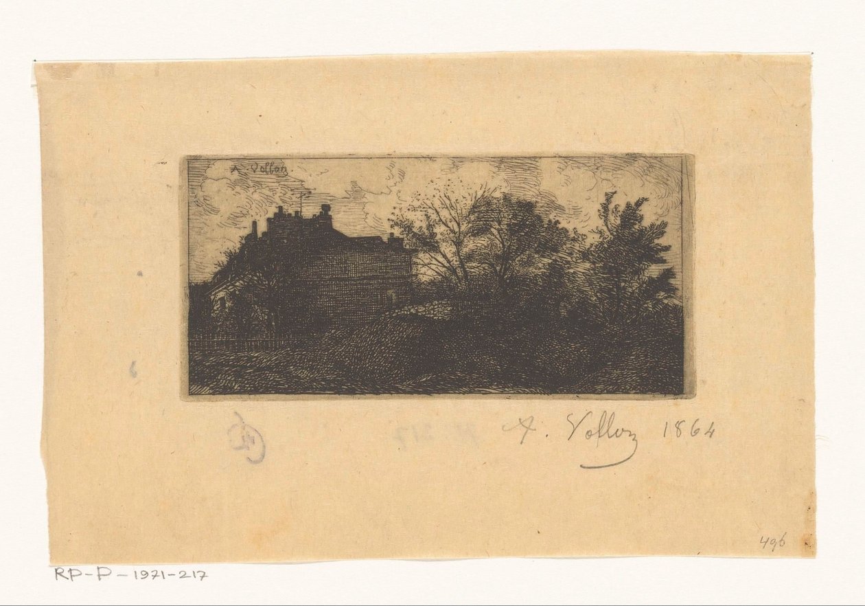 Landschap met huizen achter een hek en bomen op de voorgrond door Antoine Vollon (signed by artist)