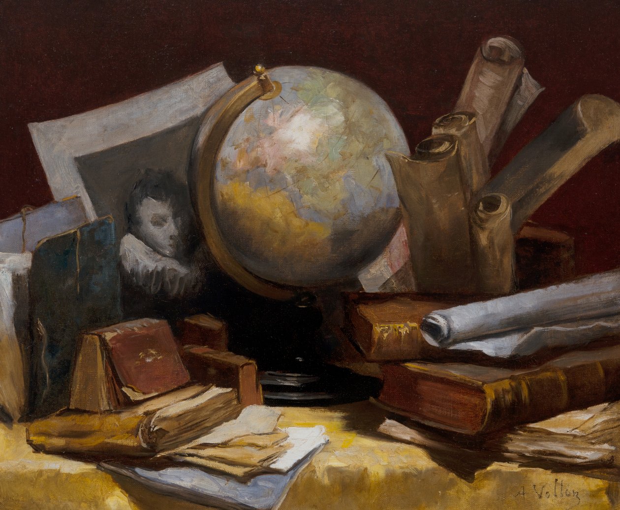 Stilleven met een wereldkaart, boeken en perkamenten door Antoine Vollon