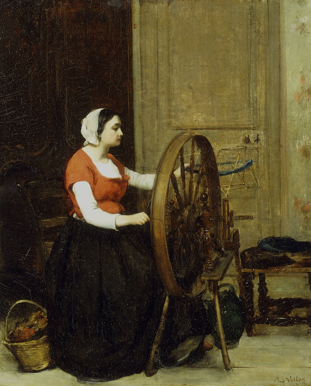 Vrouw en spinnewiel, c.1860? door Antoine Vollon