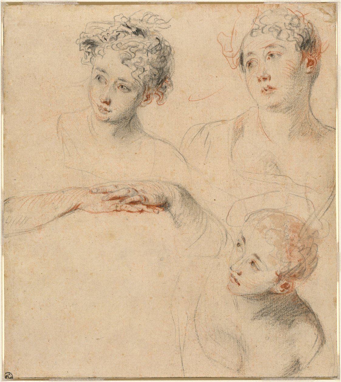 Drie Studies van een Vrouwenhoofd en een Studie van Handen [recto] door Antoine Watteau