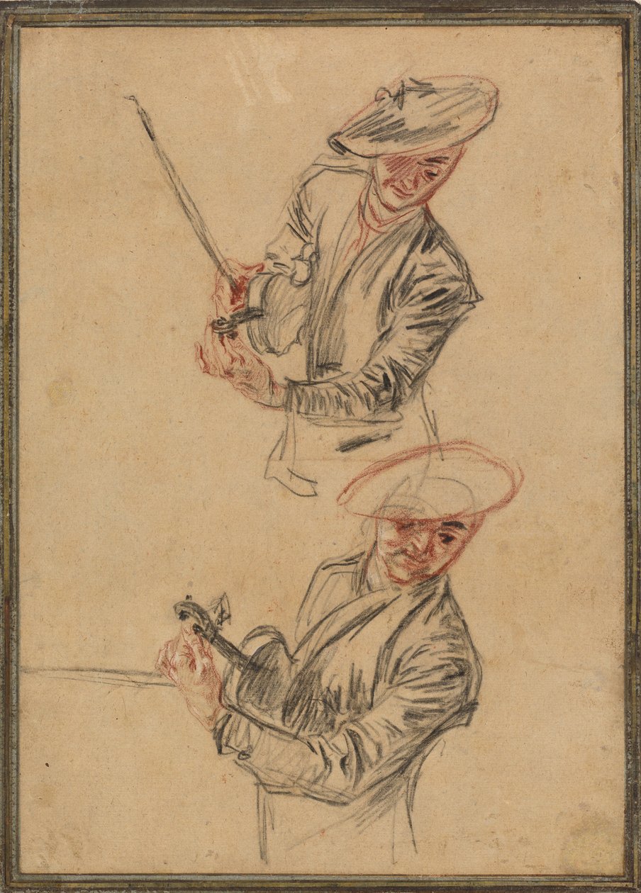 Twee studies van een violist die zijn instrument stemt door Antoine Watteau