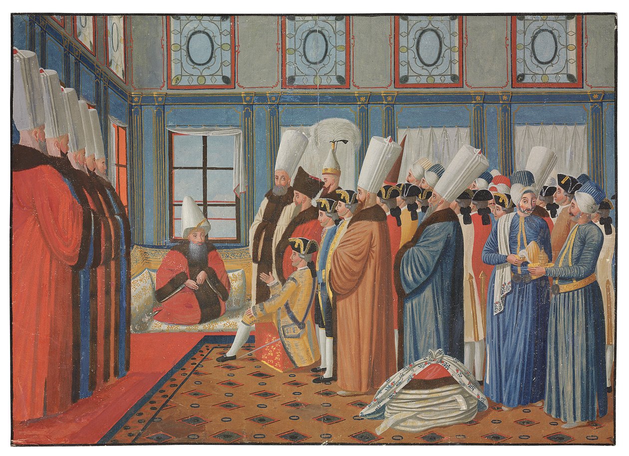 De presentatie van de Graaf de Vergennes, ambassadeur van Lodewijk XV, aan Reis Effendi, Grootvizier van de Ottomaanse Sultan 