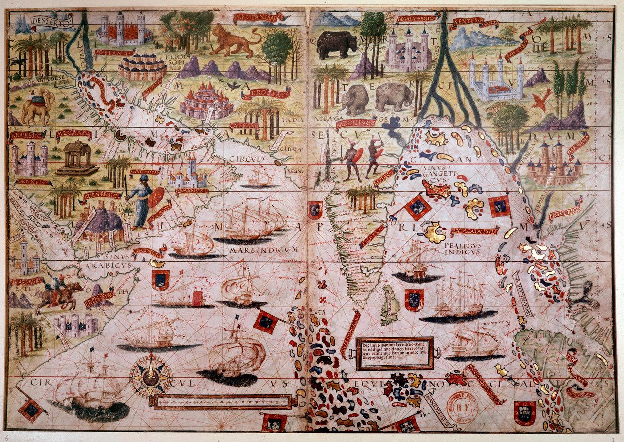 De Indische Portugese nautische atlas. Pagina van het Atlas Miller-manuscript gemaakt in 1519 door Pierre en Georges Reinel, Lopo Homem (cartografen) en Antoine de Hollande (miniaturist). 16e eeuw. Parijs, B N. door Antoine de Hollande