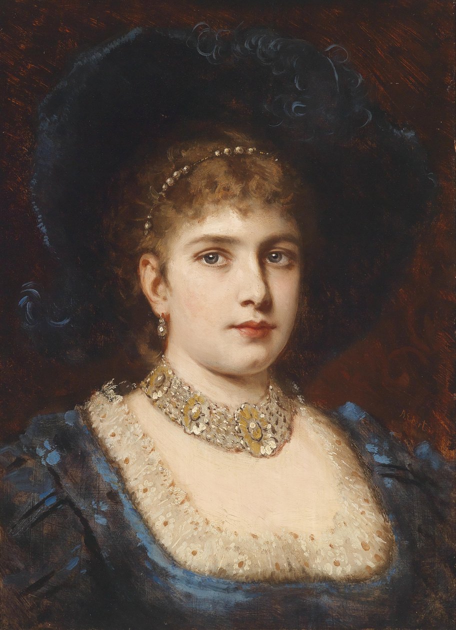 Portret van een dame in blauwe jurk met hoed door Anton Ebert