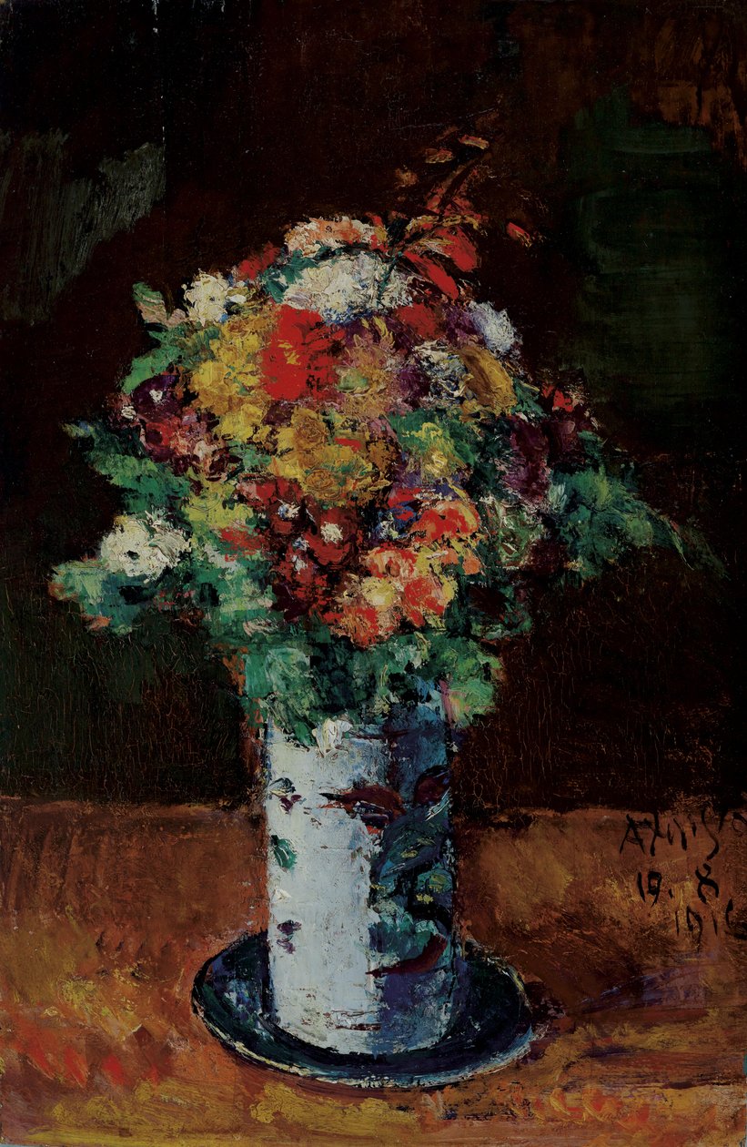 Bloemenboeket in een cilindervormige kruik op een bord door Anton Faistauer