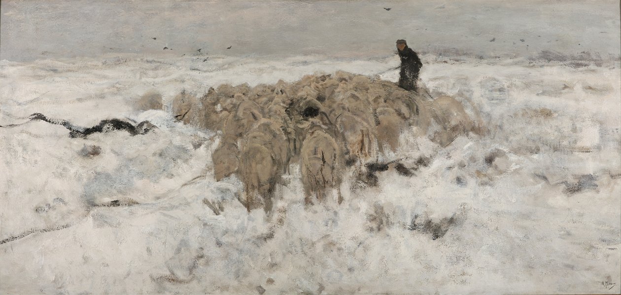 Kudde schapen in de sneeuw door Anton Mauve