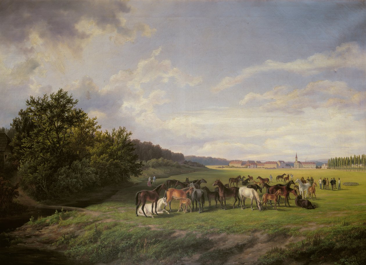 Zicht op de Kladrub Stoeterij in Bohemen, 1850 door Anton Schiffer
