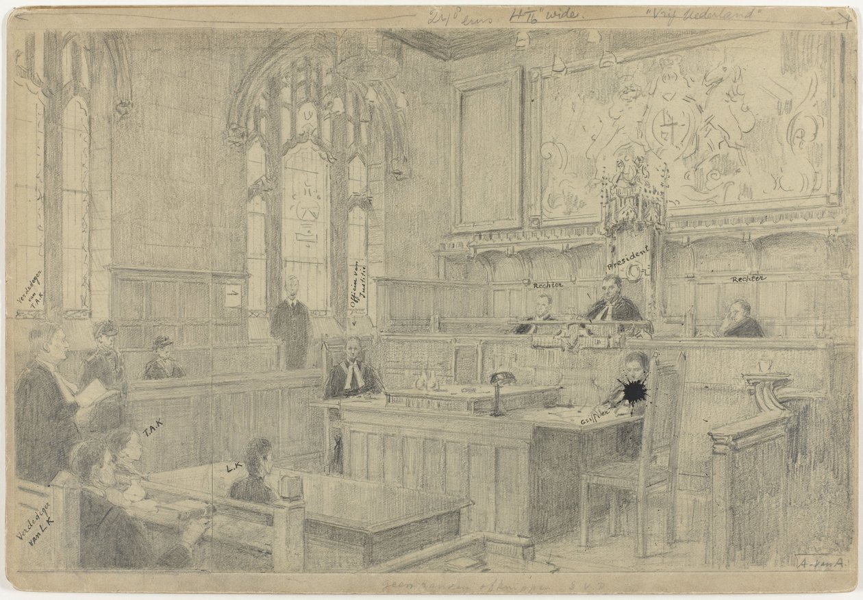 Studie van de gehele compositie voor het (onvoltooide) schilderij van de Nederlandse rechtbank in London, juni 1942 door Anton Abraham van Anrooy