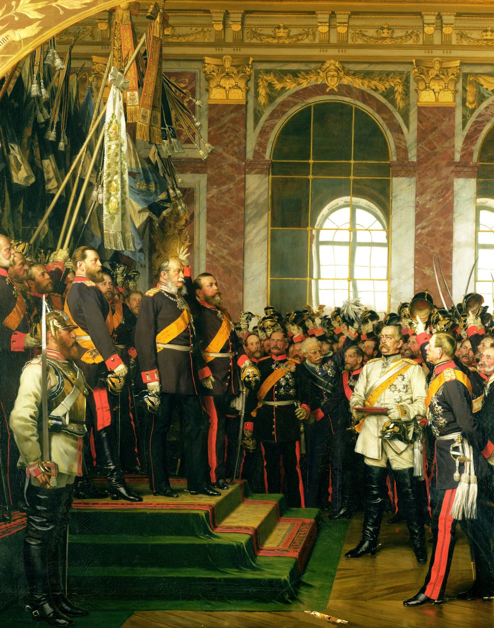 De proclamatie van Wilhelm als keizer van het nieuwe Duitse Rijk, in de Spiegelzaal van Versailles op 18 januari 1871, geschilderd in 1885 door Anton Alexander von Werner