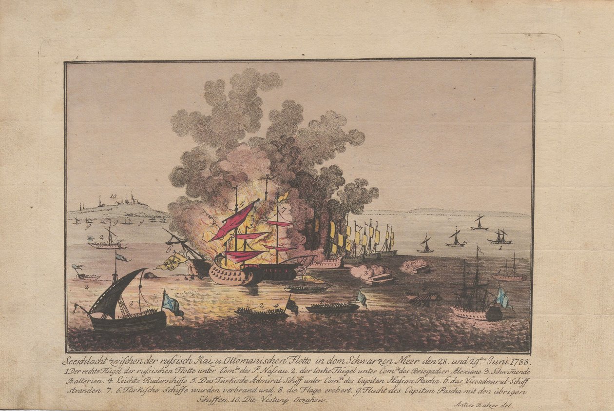 Zeeslag tussen de Russische en Ottomaanse vloot in de Zwarte Zee op 28 en 29 juni 1788, 1788 door Anton Balzer