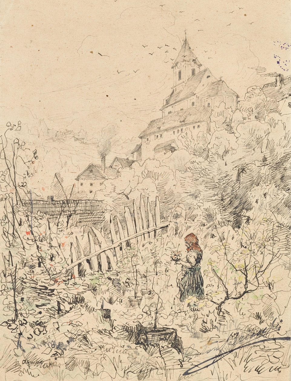 Boerenmeisje in tuin, achter haar kerk en dorp door Anton Brioschi