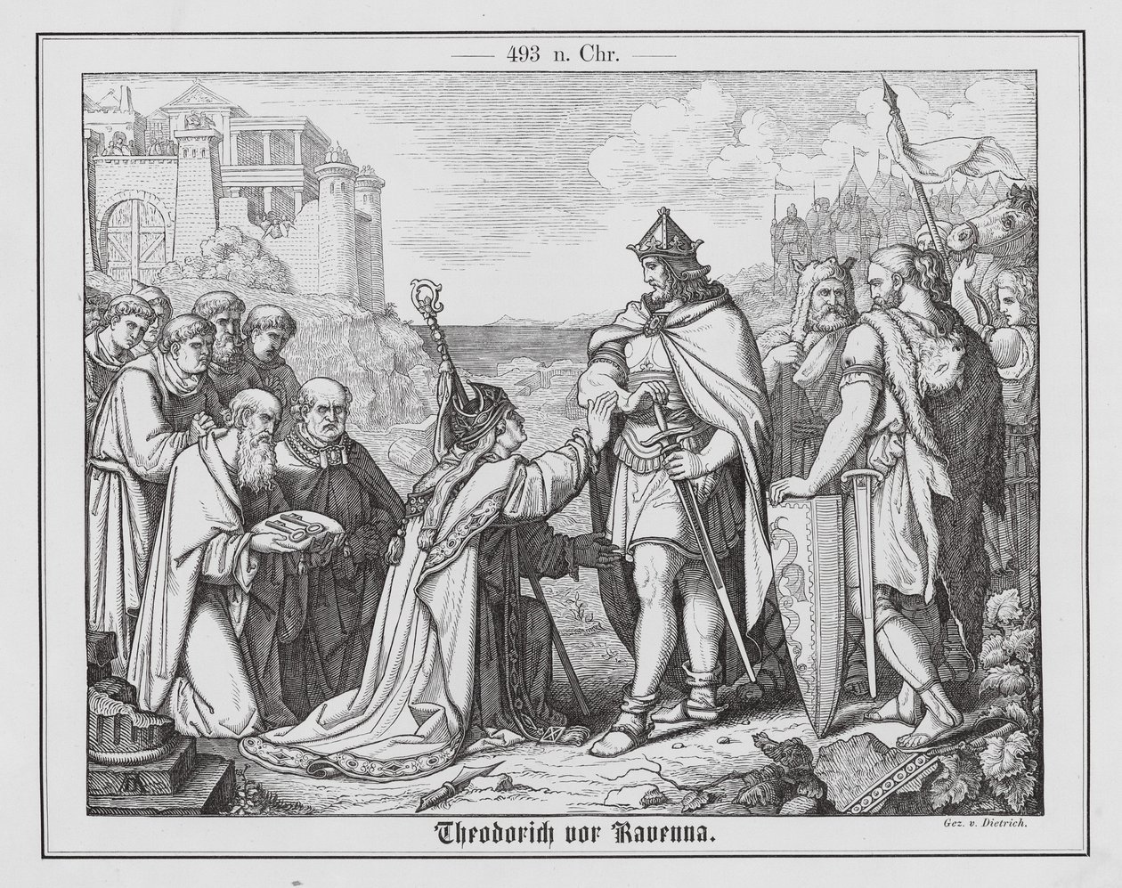Theodorik de Grote voor Ravenna, 493 (gravure) door Anton Dietrich