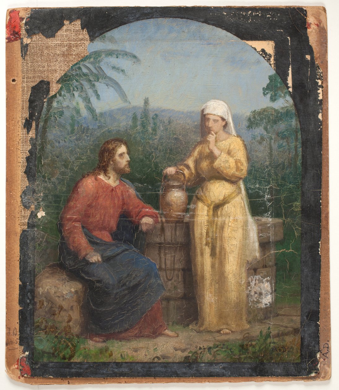 Olieschets van Jezus en de Samaritaanse vrouw bij de bron door Anton Dorph