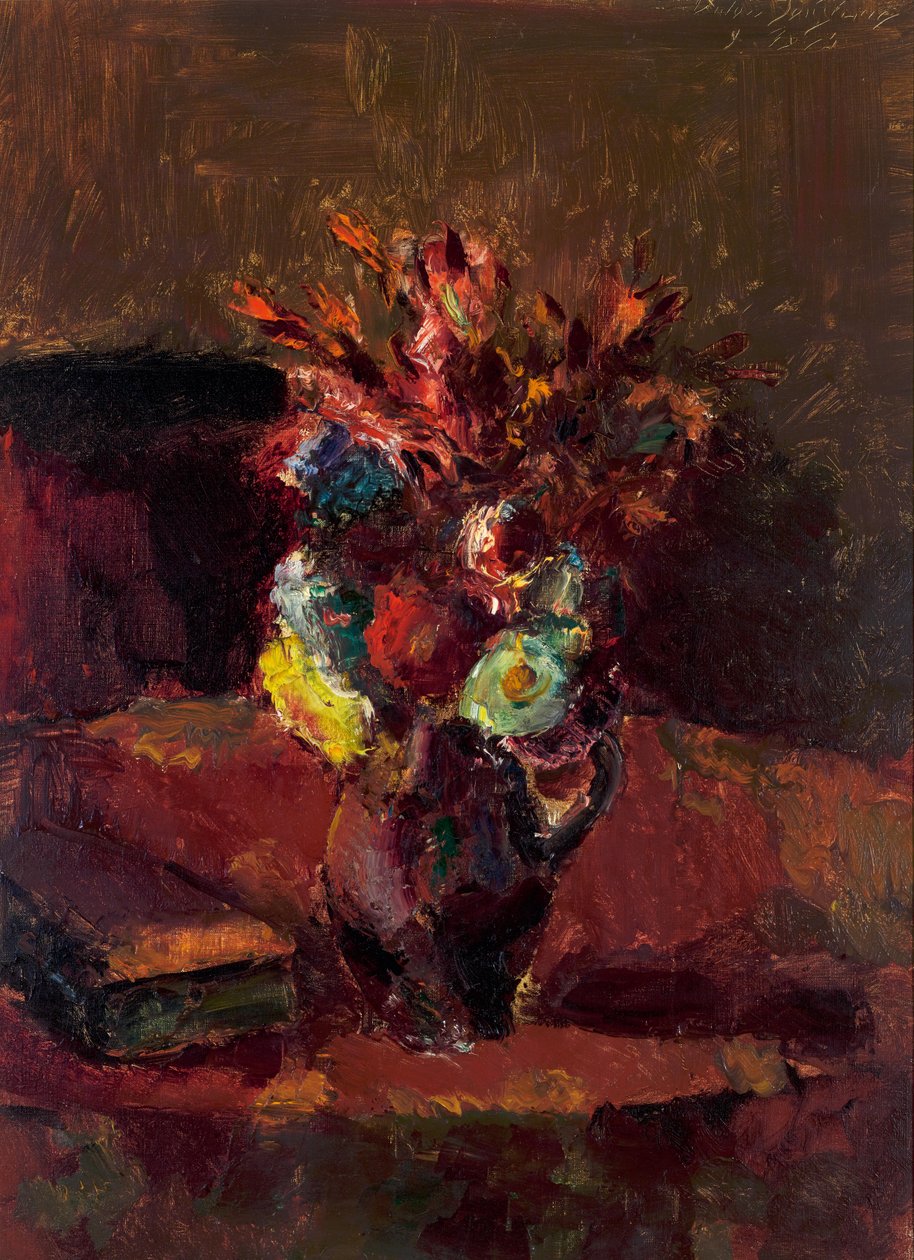 Boeket bloemen met rood tafelkleed door Anton Faistauer