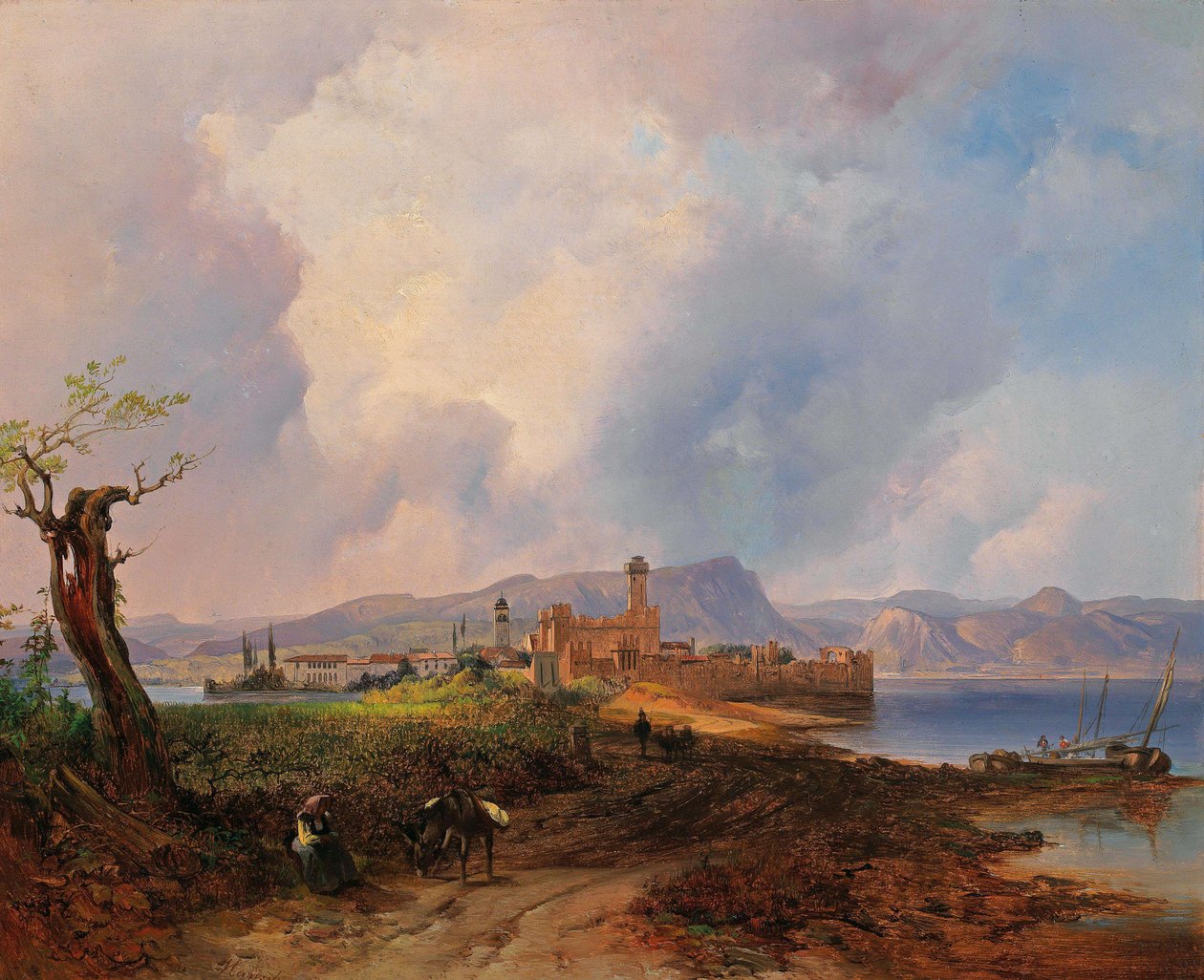 Duits: Uitzicht op Castell Sermio, op het eiland Sermione aan het Gardameer door Anton Hansch