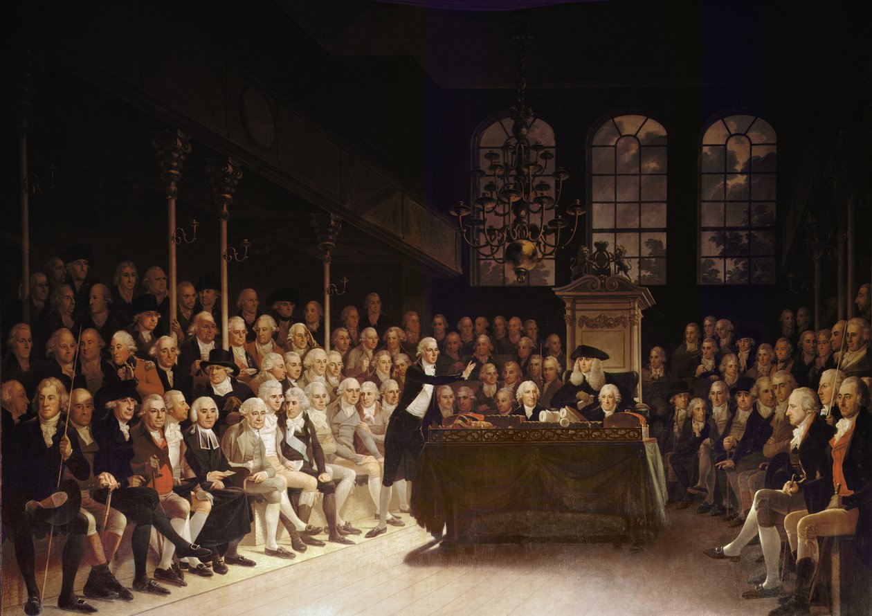 William Pitt spreekt het Lagerhuis toe over de Franse oorlogsverklaring 1793 door Anton Hickel