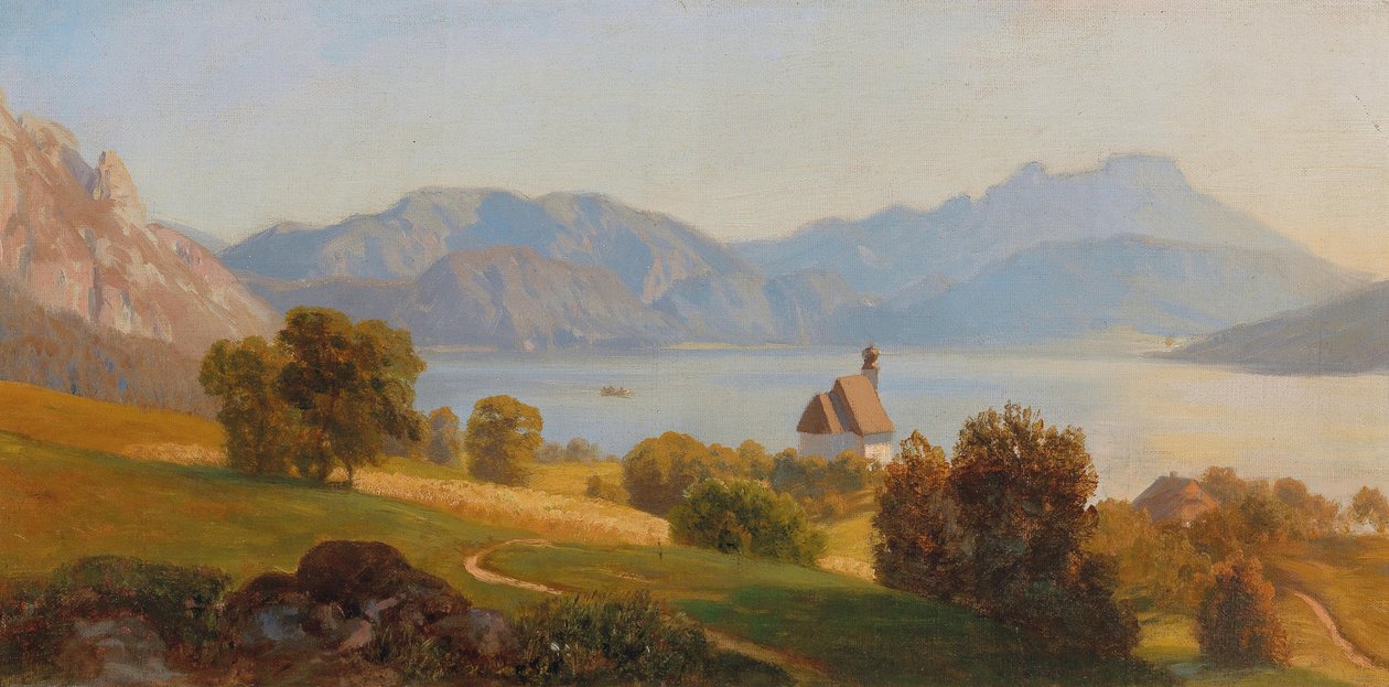Steinbach aan de Attersee met de Schafberg door Anton Hlavacek