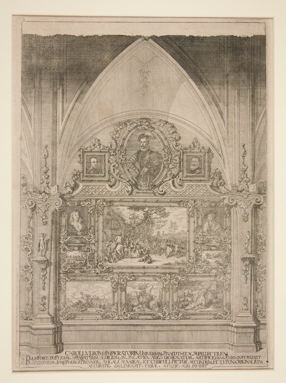 Interieur met gebogen nis versierd met portretten en genrescènes door Anton Joseph von Prenner