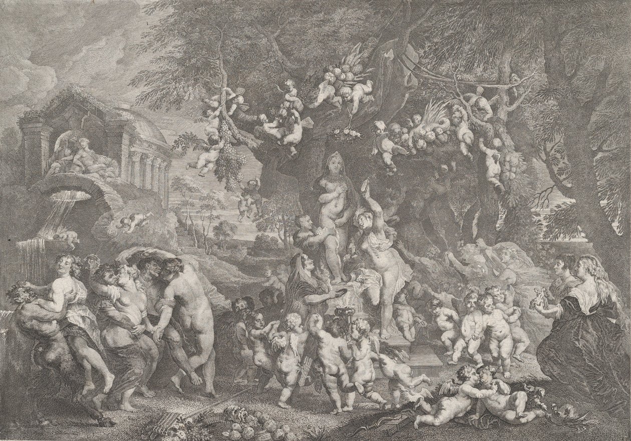 Het feest van Venus, met groepen saters, nimfen en putti die rond een standbeeld van Venus dansen, 1732 door Anton Joseph von Prenner