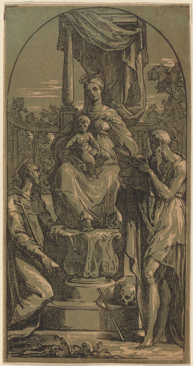 Madonna en kind op de troon, Sint Hiëronymus en Sint Franciscus door Anton Maria Zanetti I, after Parmigianino