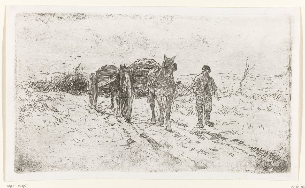 Boer naast twee door paarden getrokken karren door Anton Mauve