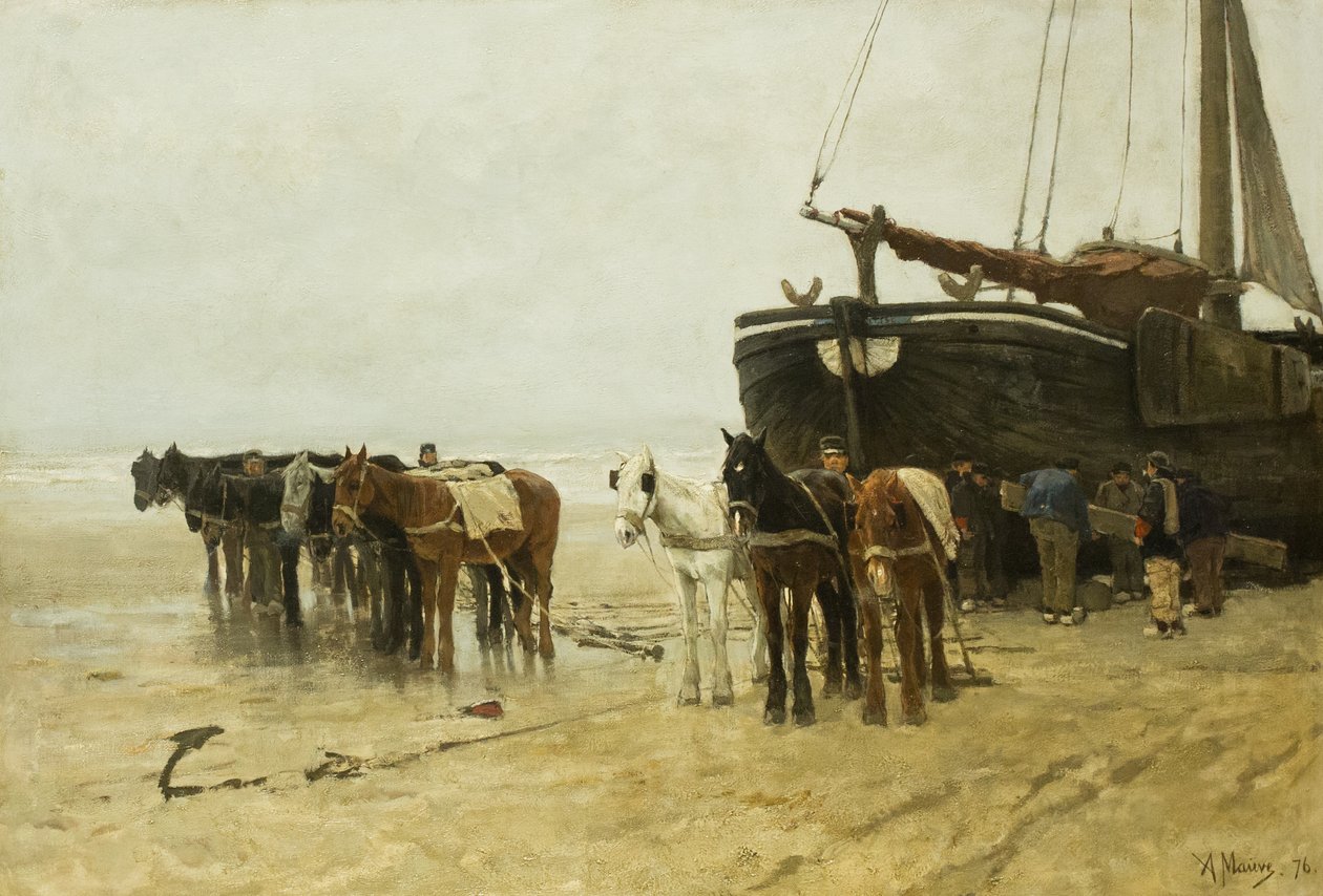 Dutch: Bomschuit met sleeppaarden op het strand van Scheveningen Fishing Boat with Tow Horses on Scheveningen Beach door Anton Mauve